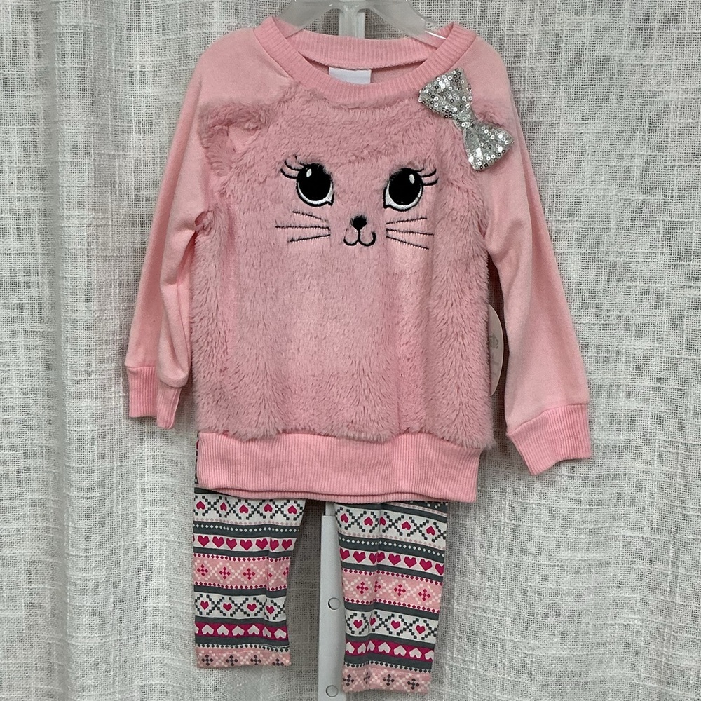 Nannette 2 Piece Pink Cat Faux Fur Sweater with Silver Bow